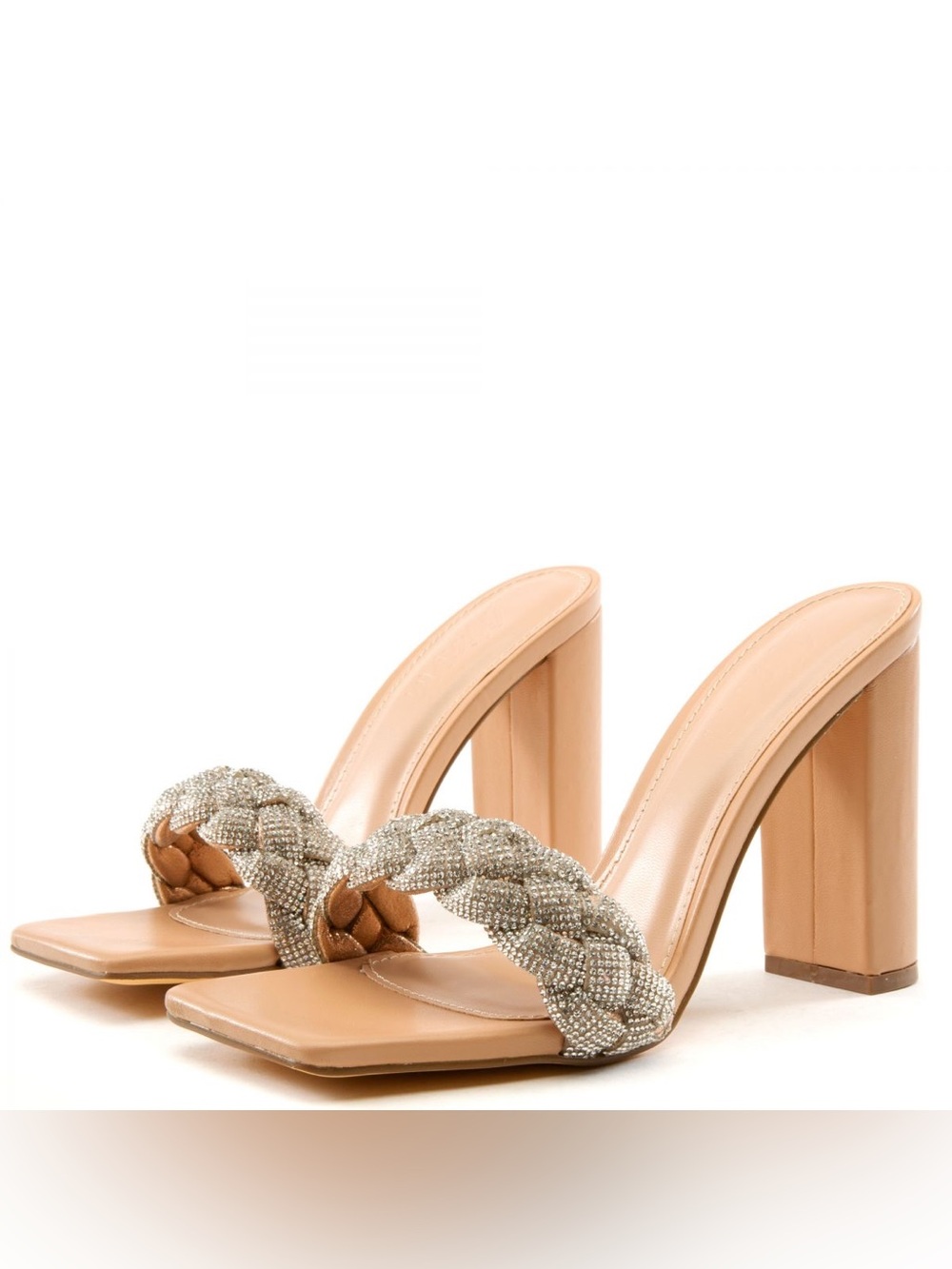 Boutique 9 Nude Braided Crystal Block Heel Slides